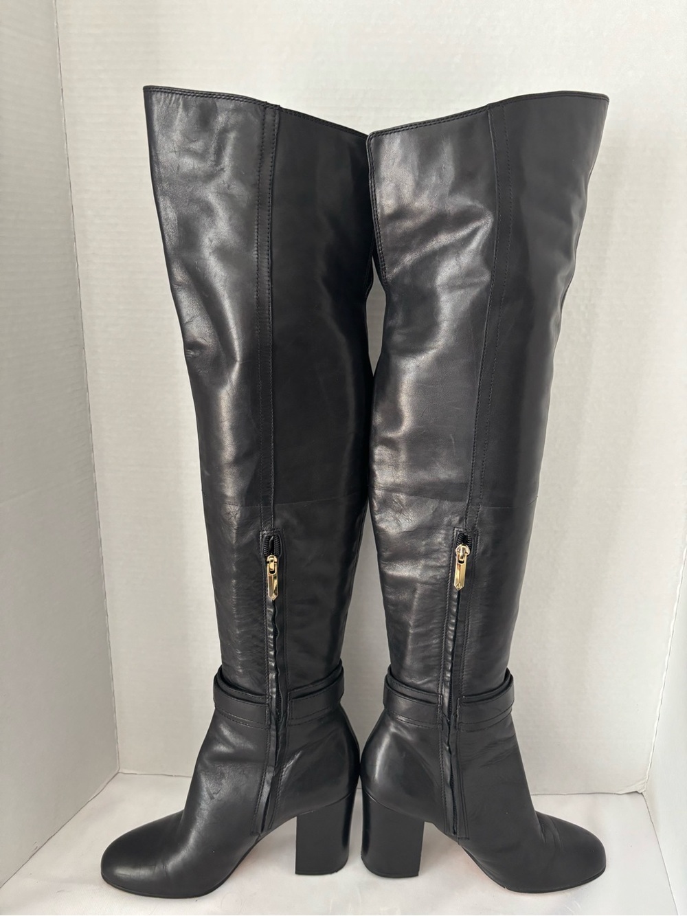Sam Edelman Black Leather Over-the-Knee Block Heel Boots  W/ Ankle Buckle SZ 7.5 - Picture 12 of 15